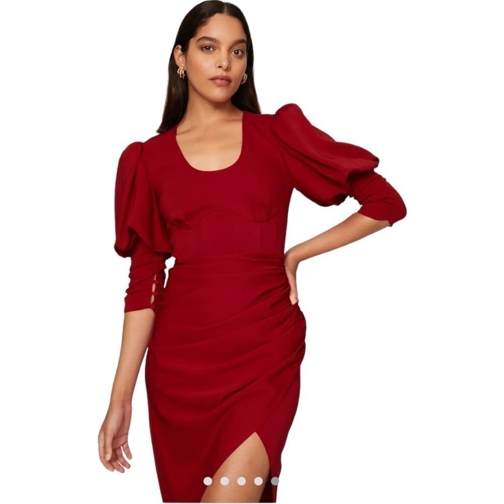 Self-Portrait Red Ruched Midi Dress - Picture 3 of 9
